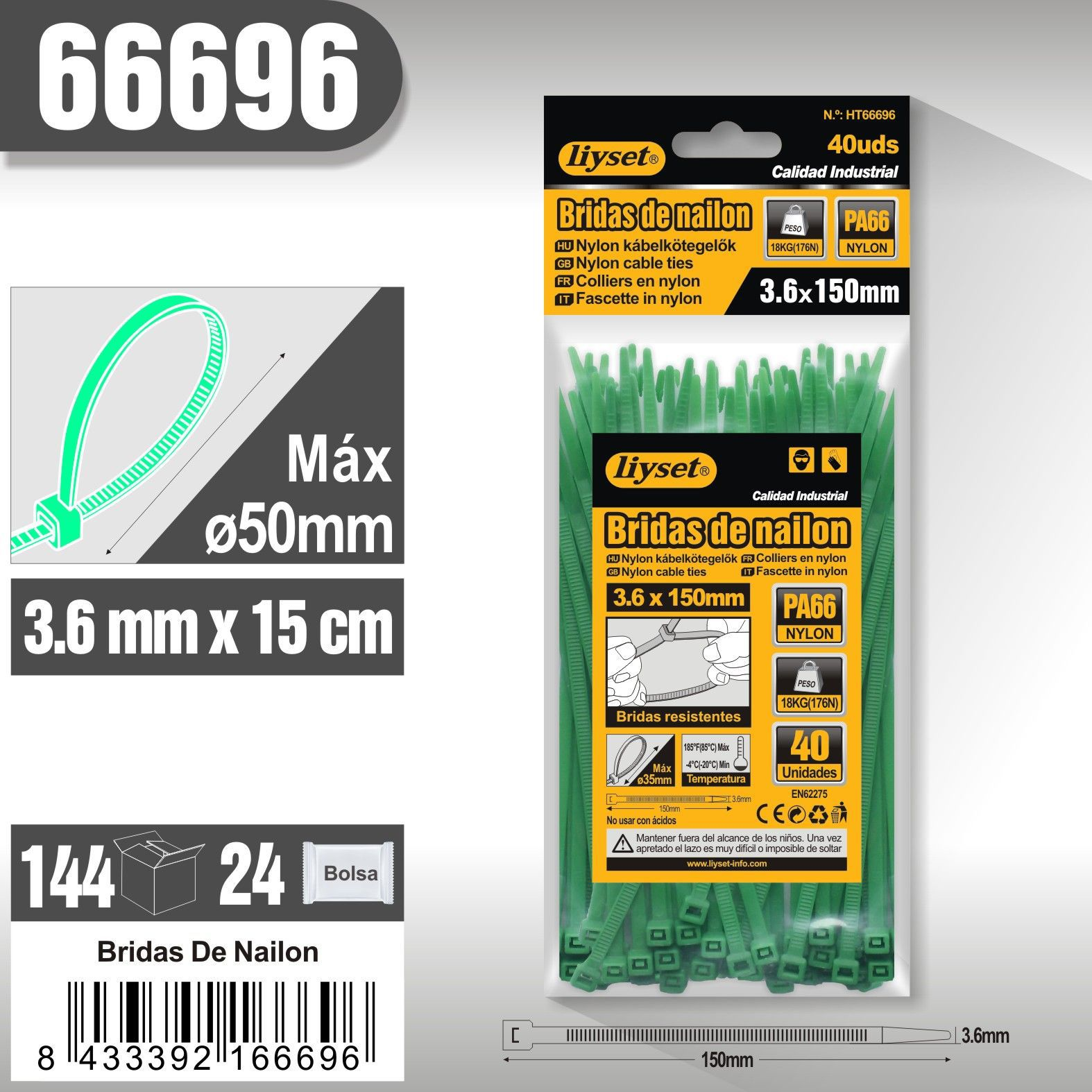 Liyset - Bridas de Nailon 150 mm de largo x 3,6 mm de ancho