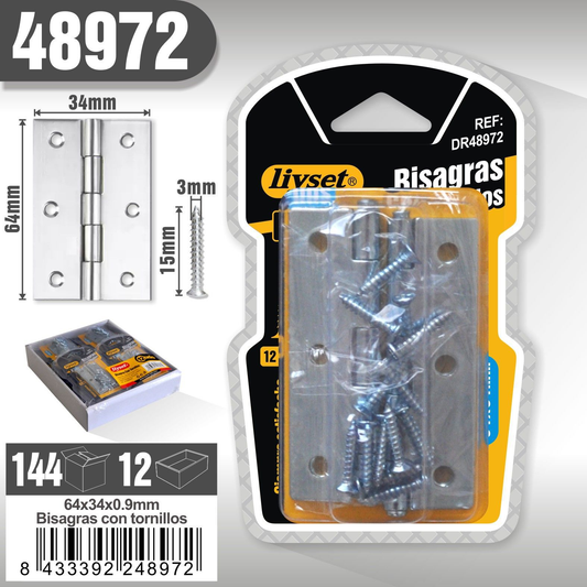 Liyset - Bisagras con Tornillos 64 x 34 x 0.9mm