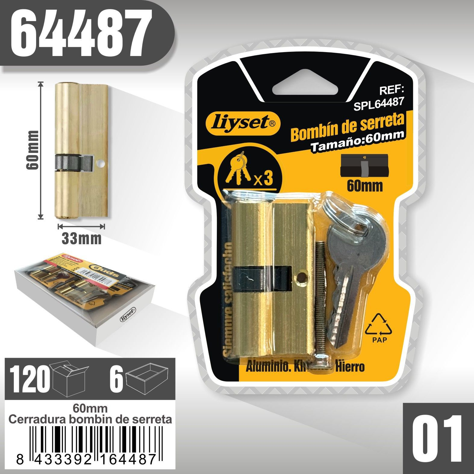 Liyset - Cerradura Bombin de Serreta 60mm