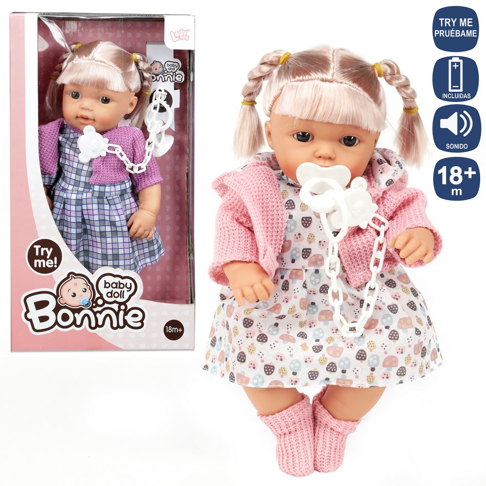 MUÑECA 12 SONIDOS REBECA PUNTO BONIE 2/C 30 CM TRY ME 2C. CAJA VENTANA 19X34 CM. PILAS 3AG13 INCLUIDAS