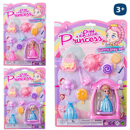MUÑECA PRINCESA CON COLUMPIO 3/C 8 CM CAMBIA VESTIDOS CON ACCESORIOS . BLISTER 21X32 CM