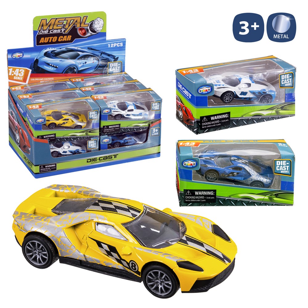 COCHE DECORADO METAL 4/M 10 CM SPORT ESCALA 1:43. CAJA VENTANA 14X6,5 CM. CAJA EXPOSITORA 12 PZAS.
