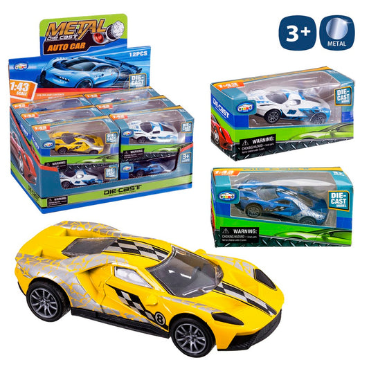 COCHE DECORADO METAL 4/M 10 CM SPORT ESCALA 1:43. CAJA VENTANA 14X6,5 CM. CAJA EXPOSITORA 12 PZAS.