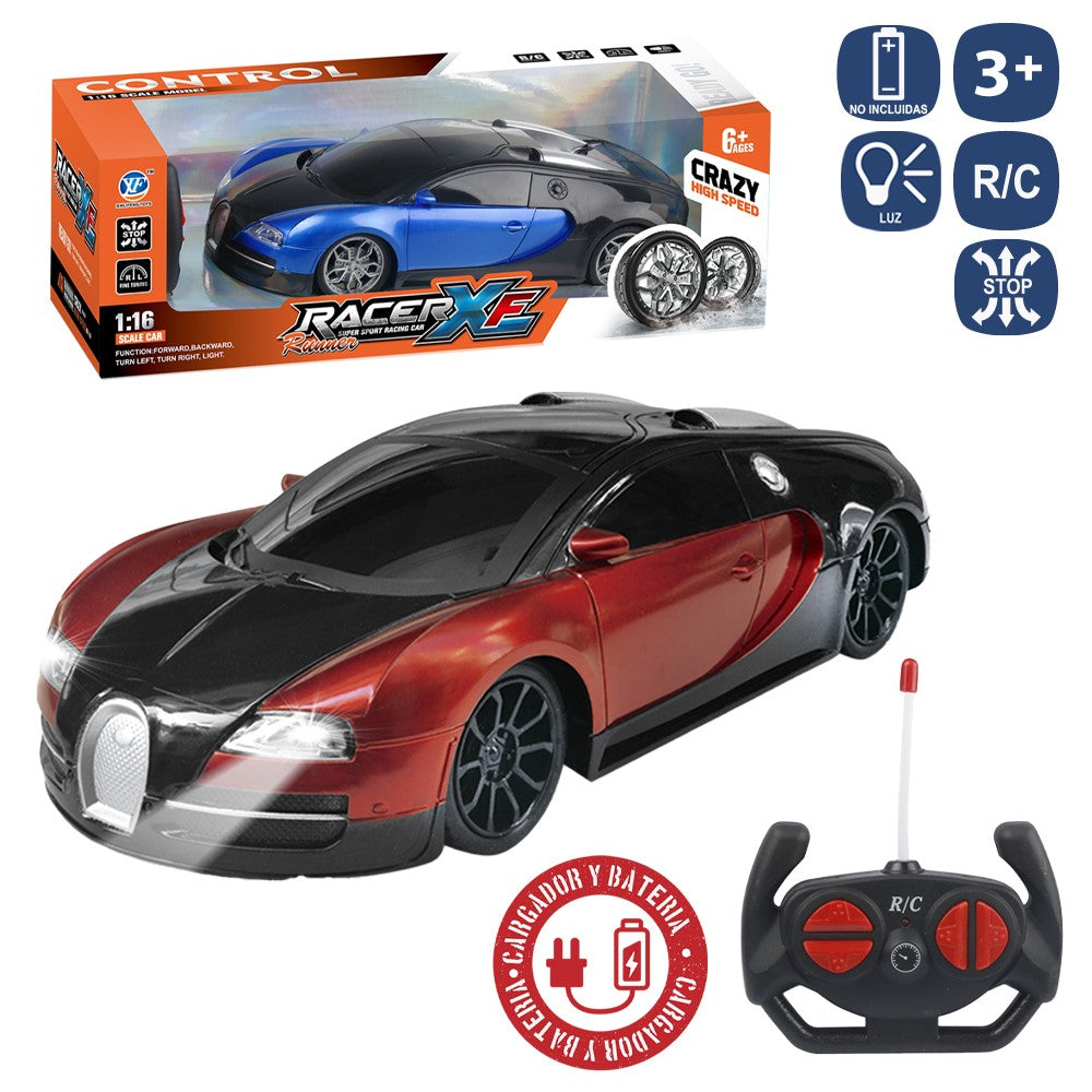 R/C 7F C+B COCHE BUGATTI 2/C 26 CM ESCALA 1:16- FUNCIONA CON PILAS MANDO 2XAA NO INCLUIDAS, COCHE BATERIA 3,7 V ( INCLUIDA) CARGADOR USB- CAJA VENTANA 35X11 CM