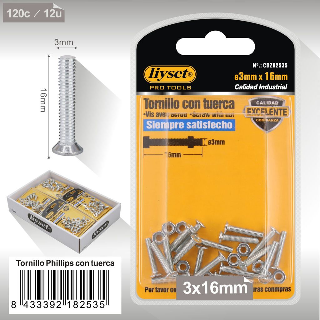 Liyset - Tornillo Phillips con Tuerca 3 x 16mm