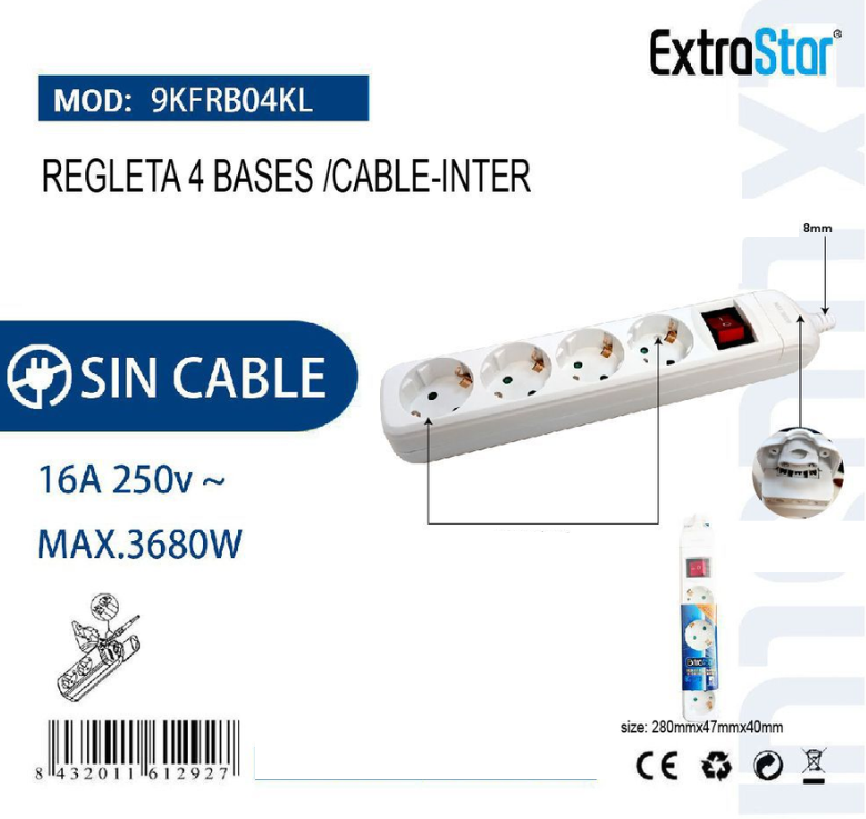 ExtraStar - Regleta 4 Bases / Cable + Interruptor