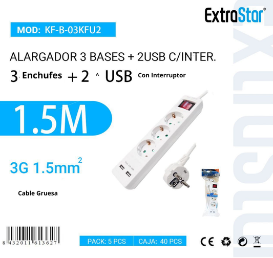 ExtraStar - Alargador 3 Bases + 2 USB C/INTER