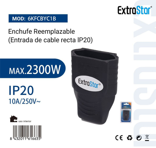 ExtraStar - Conector Hembra Reemplazable, Entrada de Cable Recta IP20