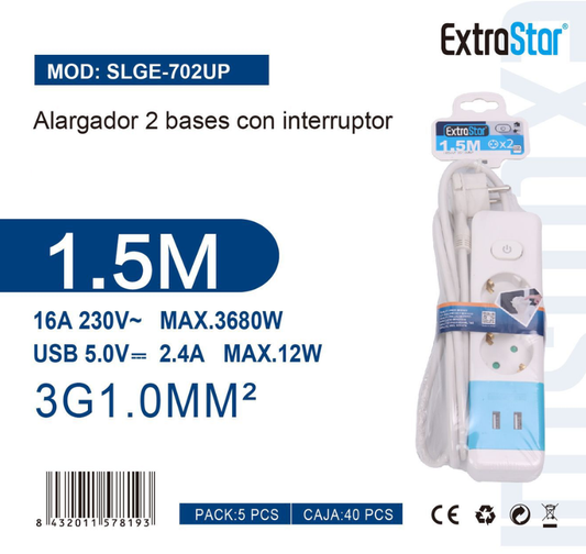 ExtraStar - Alargador 1.5M + 2 Bases con Interruptor