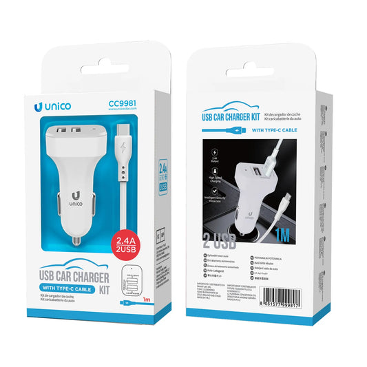 Único - Kit cargador USB con cable type-C para coche
