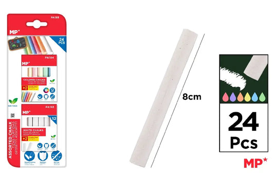 MP - TIZAS SURTIDAS BLÍSTER 24 UdsTizas surtidas para pizarra  Pack de 24 unidades (12 blancas y 12 de colores)  No sueltan polvo y son resistentes.  Escritura suave y uniforme  No tóxicos  Tamaño de 8 cm