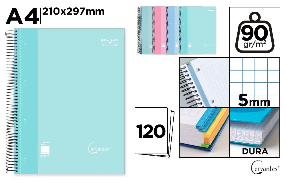 Cervantes - CUADERNO ESPIRAL A4 120 HOJAS 90 g/m²