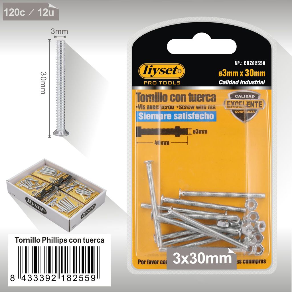 Liyset - Tornillo Phillips con Tuerca 3 x 30mm