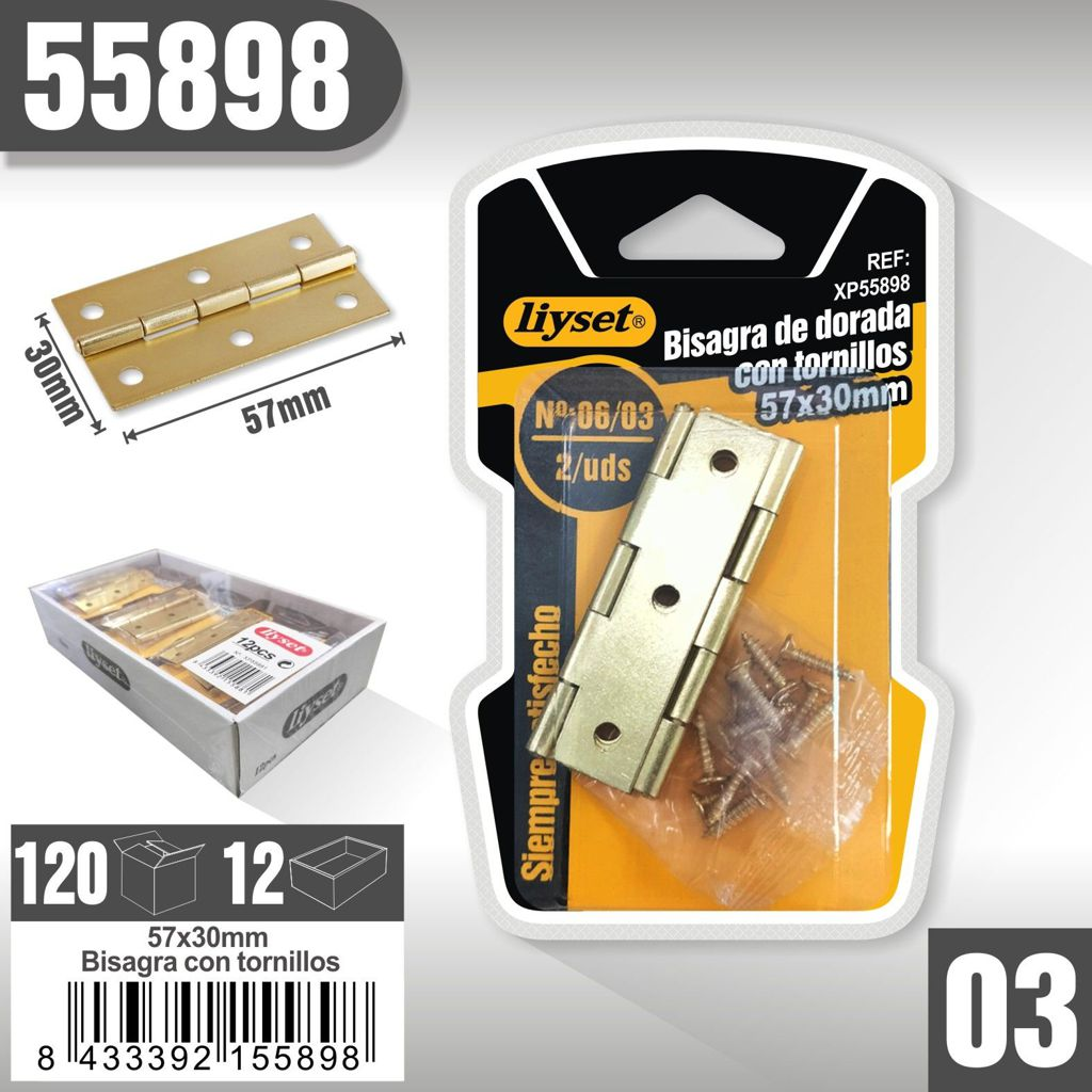 Liyset - Bisagra Dorada con Tornillos 57 x 30mm