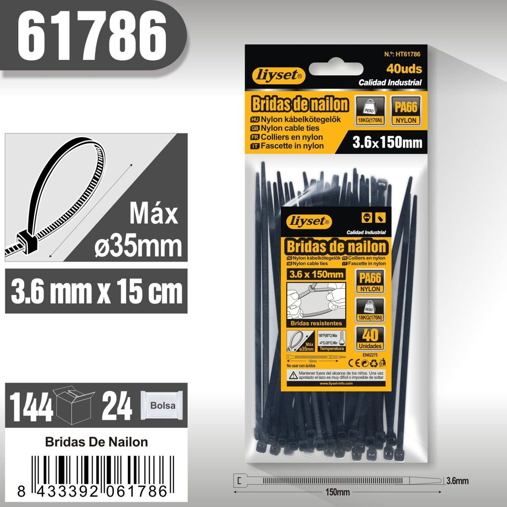 Liyset - Bridas de Nailon  150 mm de largo x 3,6 mm de ancho