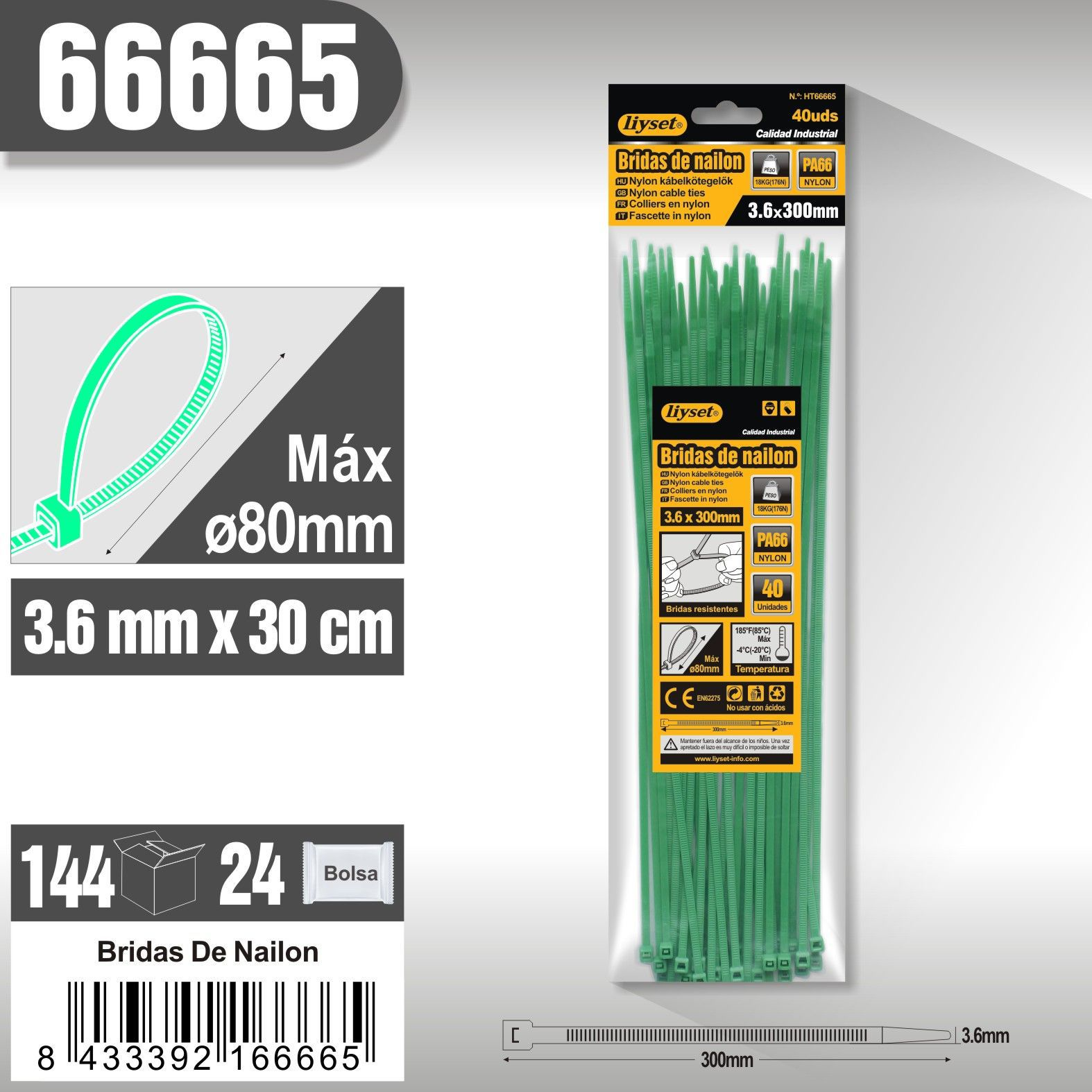 Liyset - Bridas de Nailon Verdes 3.6 x 300mm