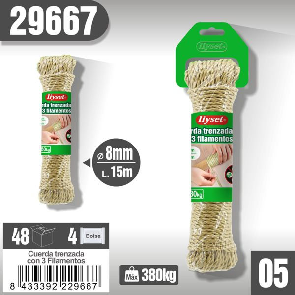 Liyset - Cuerda trenzada de 3 filamentos (8mm x 15m)