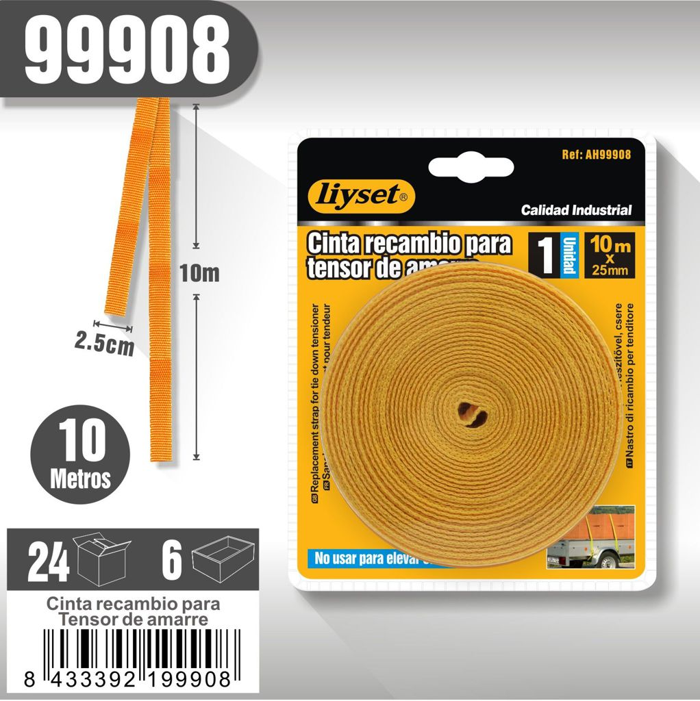 Liyset - Cinta Recambio para Tensor de Amarre 10 metros de largo x 25 mm de ancho (2,5 cm)