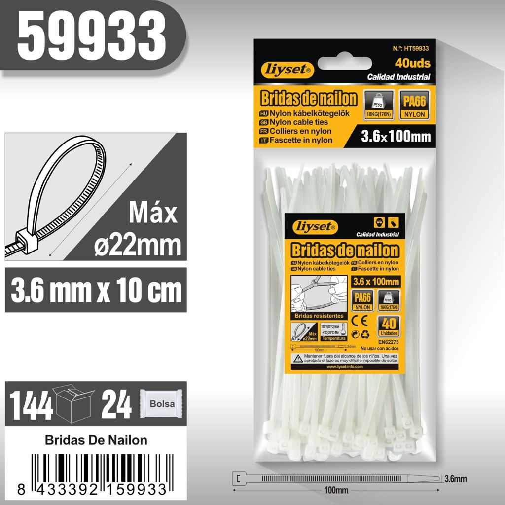 Liyset - Bridas de Nailon  100 mm de largo x 3,6 mm de ancho